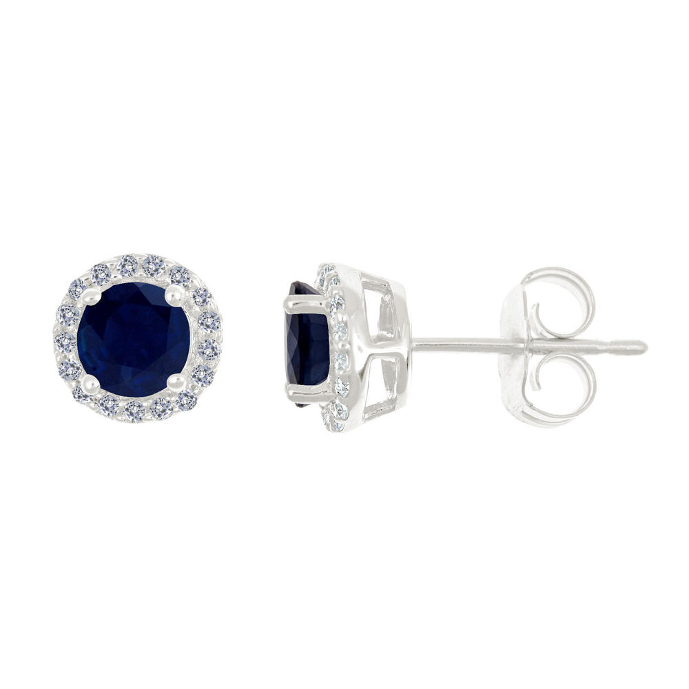 New York City Diamond District 14k gold 5mm round blue sapphire with 1/6 cttw diamond halo earrings