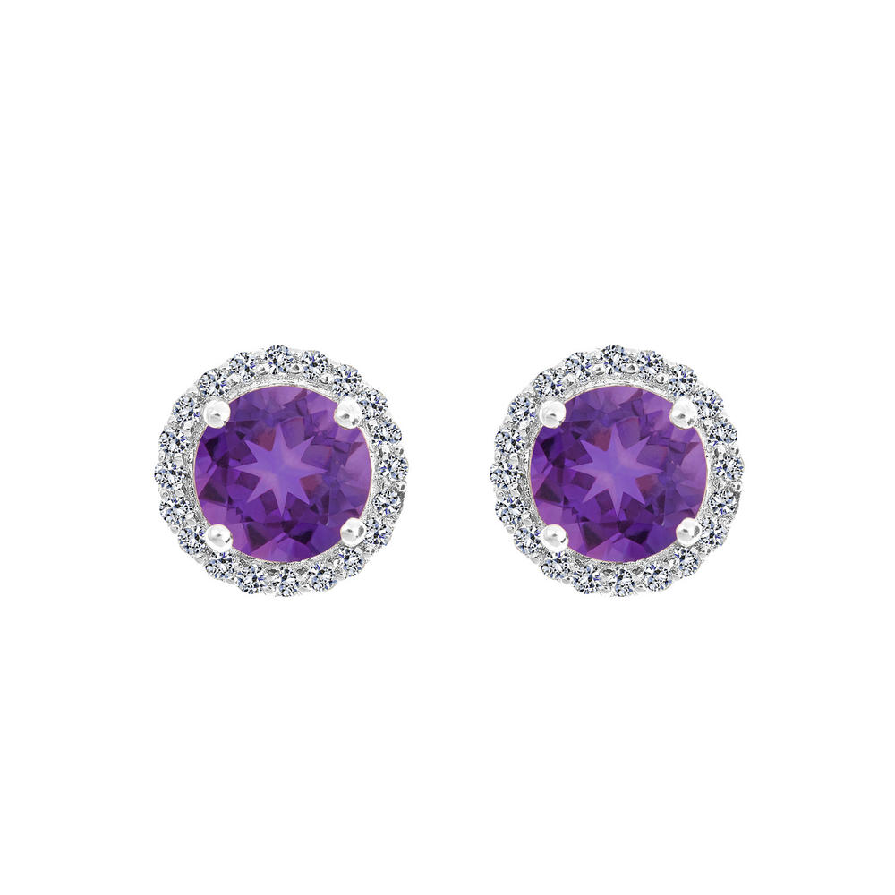 New York City Diamond District 14k gold 7mm round amethyst with 1/3 cttw diamond halo earrings