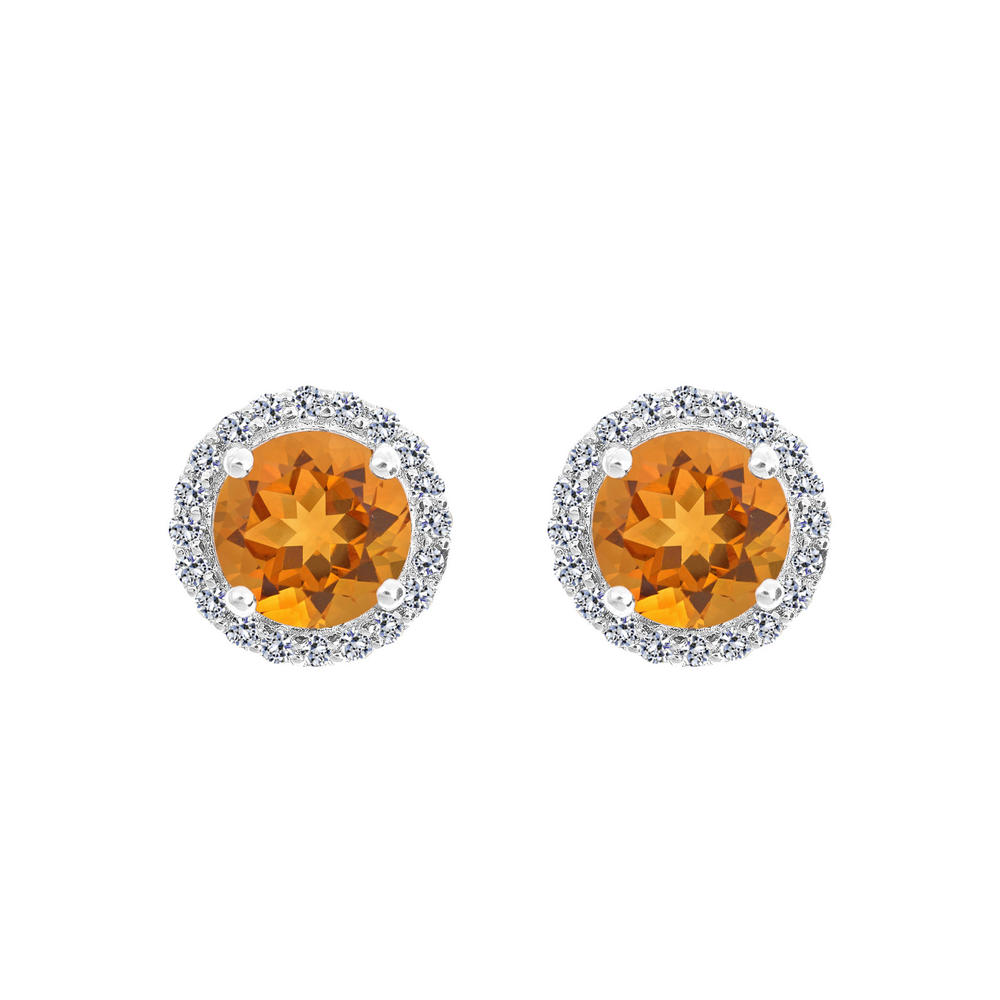New York City Diamond District 14k gold 7mm round citrine with 1/3 cttw diamond halo earrings