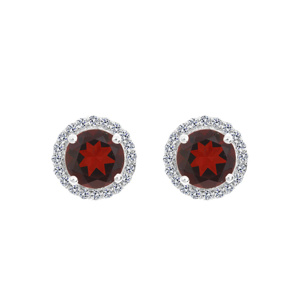 New York City Diamond District 14k gold 7mm round garnet with 1/3 cttw diamond halo earrings