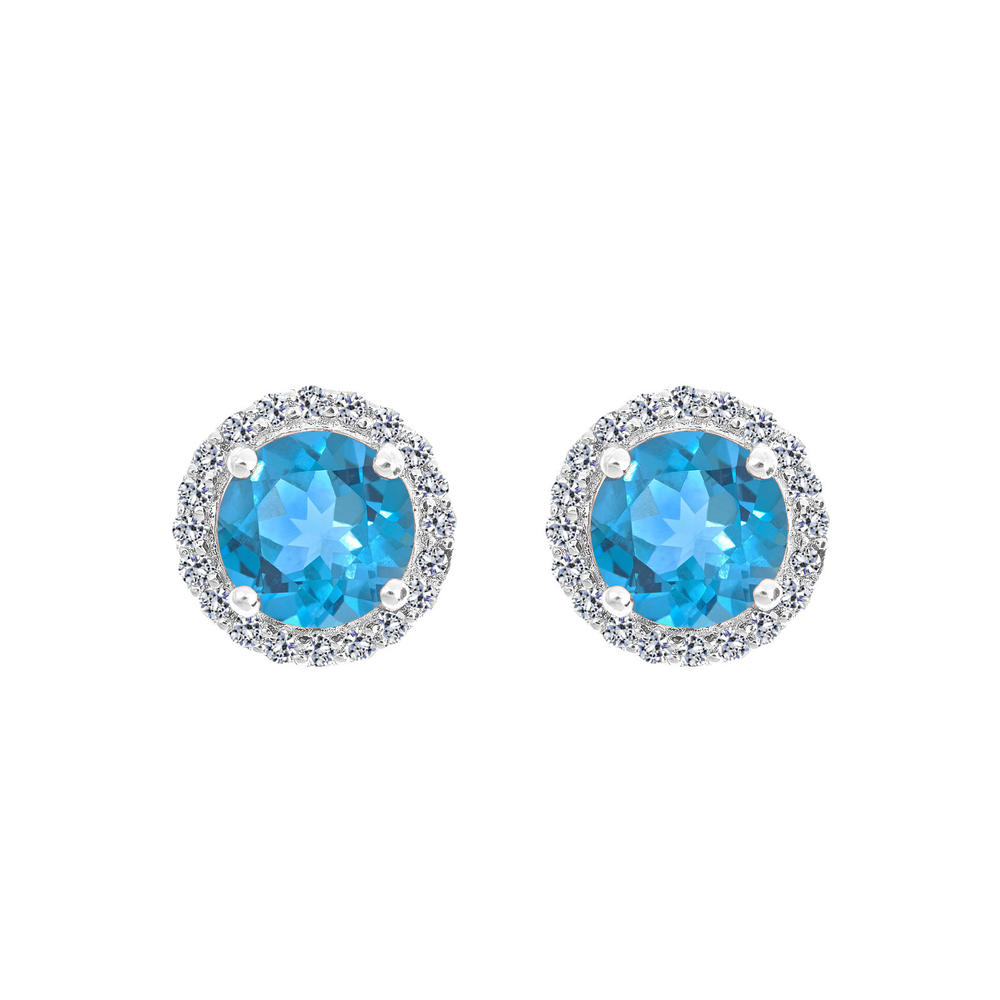 New York City Diamond District 14k gold 7mm round blue topaz with 1/3 cttw diamond halo earrings