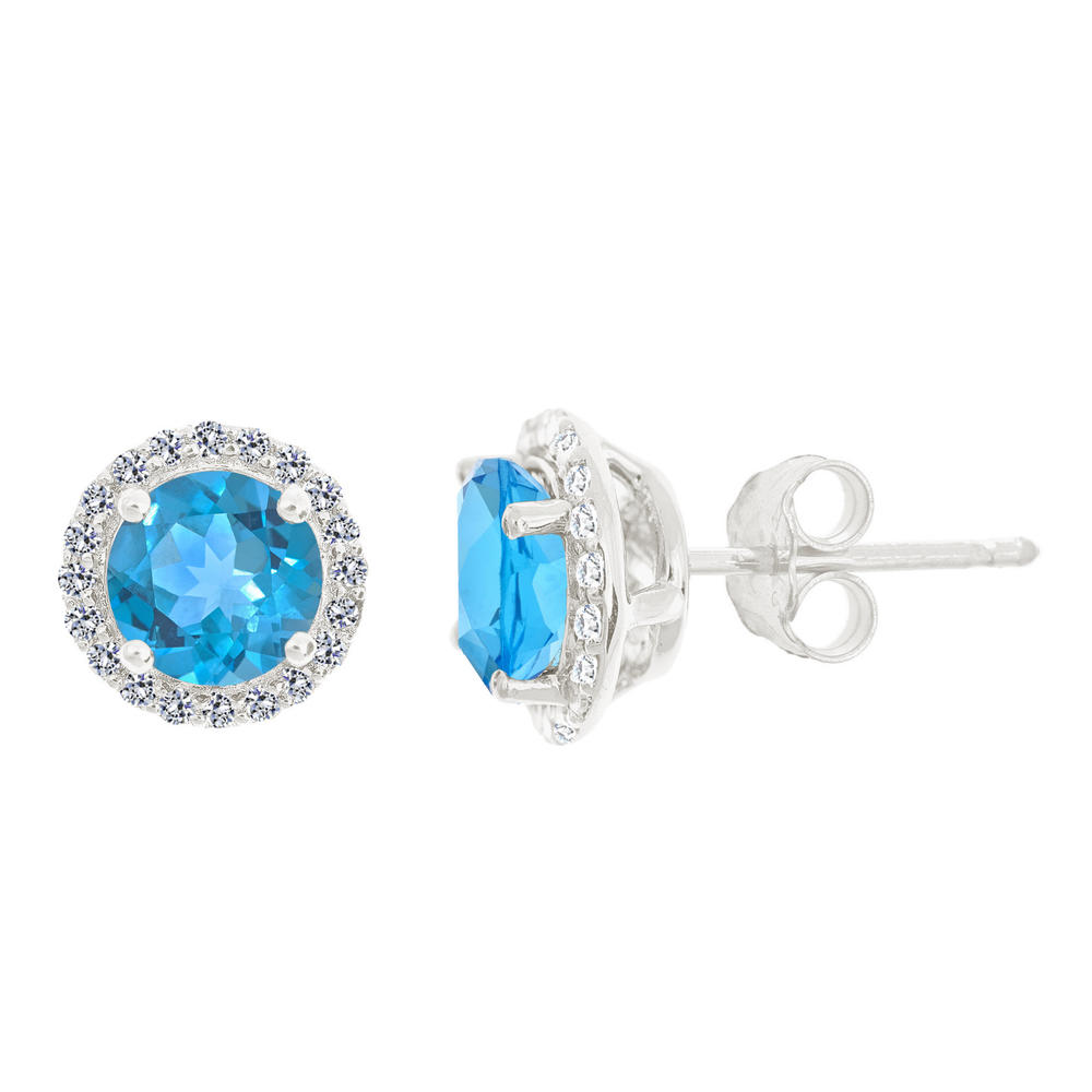 New York City Diamond District 14k gold 7mm round blue topaz with 1/3 cttw diamond halo earrings
