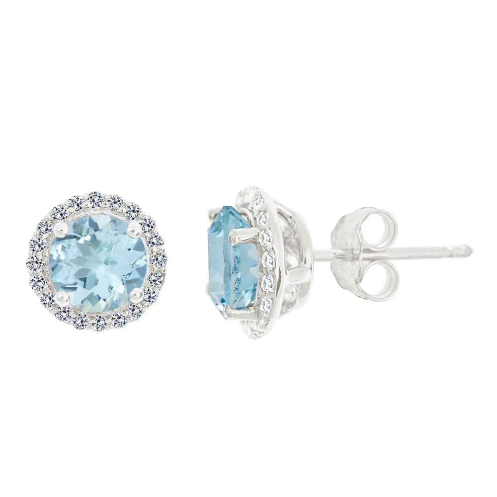 New York City Diamond District 14k gold 7mm round aquamarine with 1/3 cttw diamond halo earrings