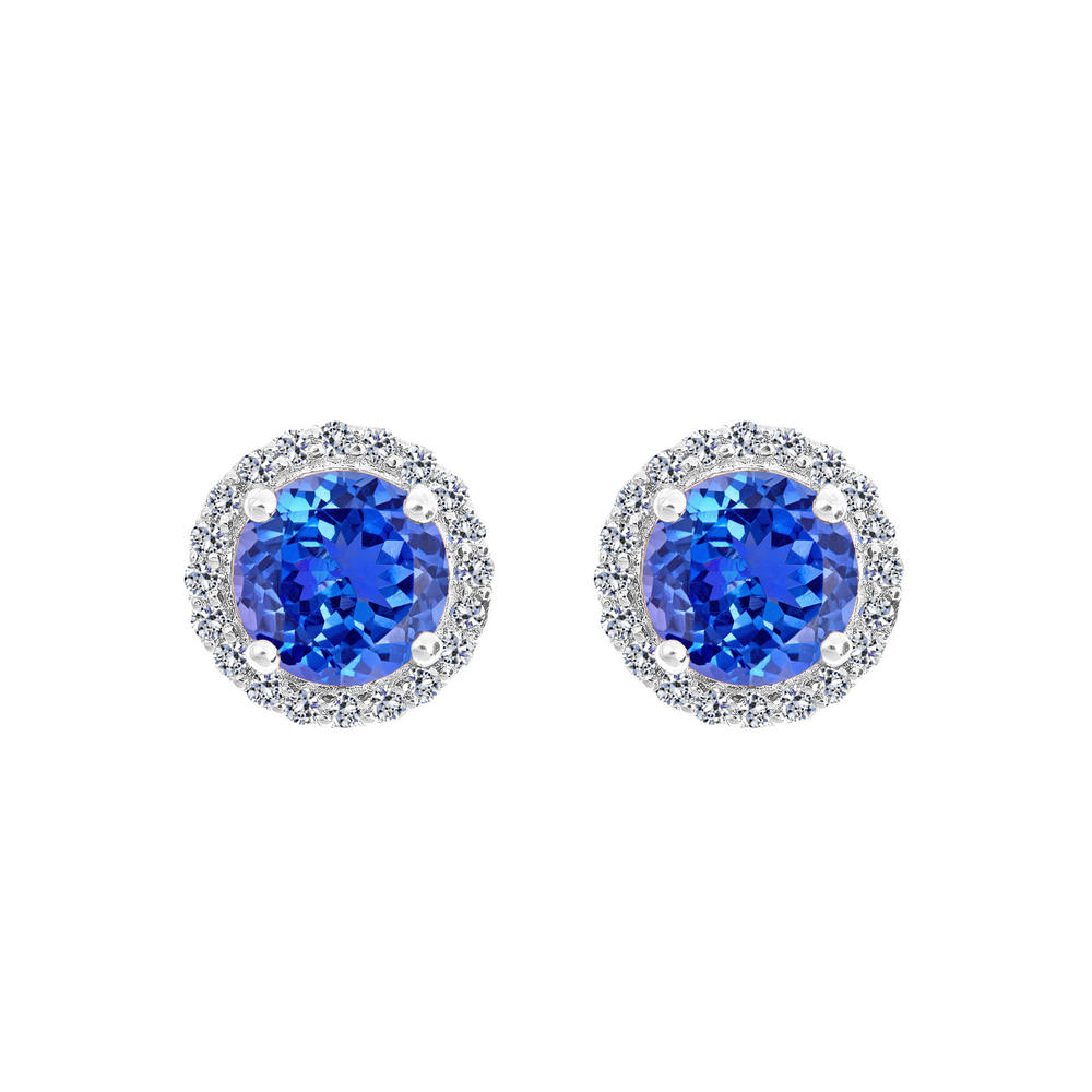 New York City Diamond District 14k gold 7mm round tanzanite with 1/3 cttw diamond halo earrings