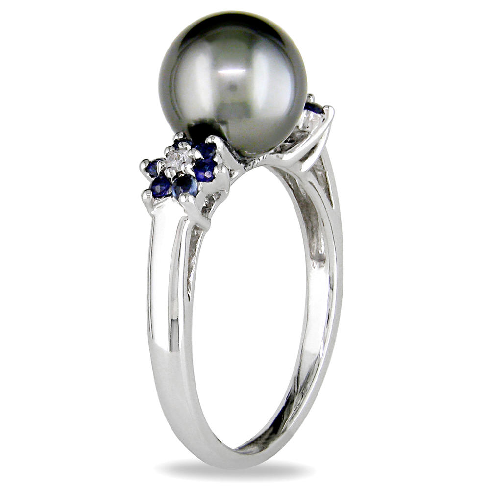 0.3 CTTW Sapphire and Diamond and 9-9.5mm Tahitian Pearl 10k White Gold Cocktail Ring