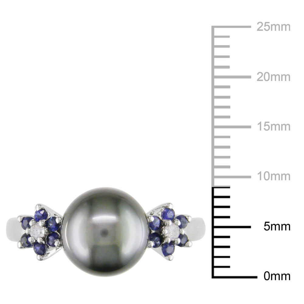 0.3 CTTW Sapphire and Diamond and 9-9.5mm Tahitian Pearl 10k White Gold Cocktail Ring
