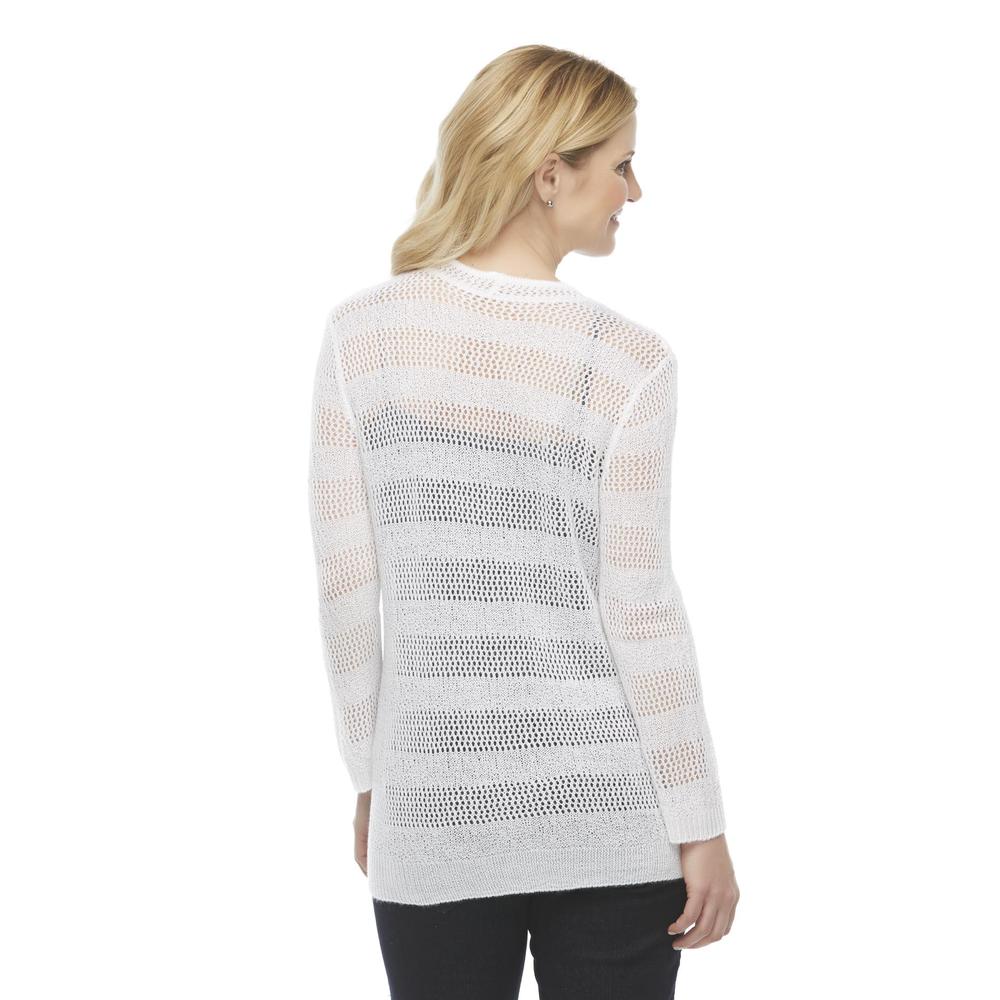 Basic Editions Women's Pointelle Knit Cardigan - Striped