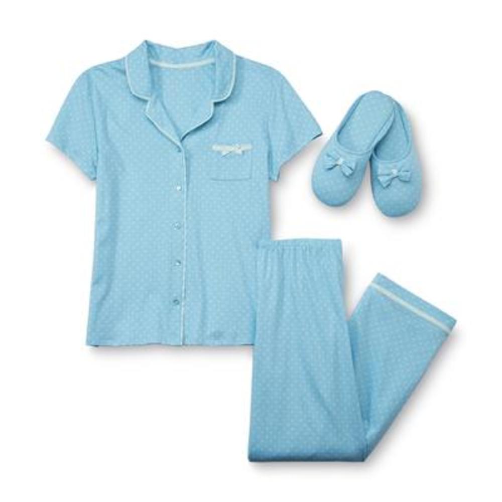 Laura Scott Women's Pajama Shirt  Pants & Slippers - Polka Dot