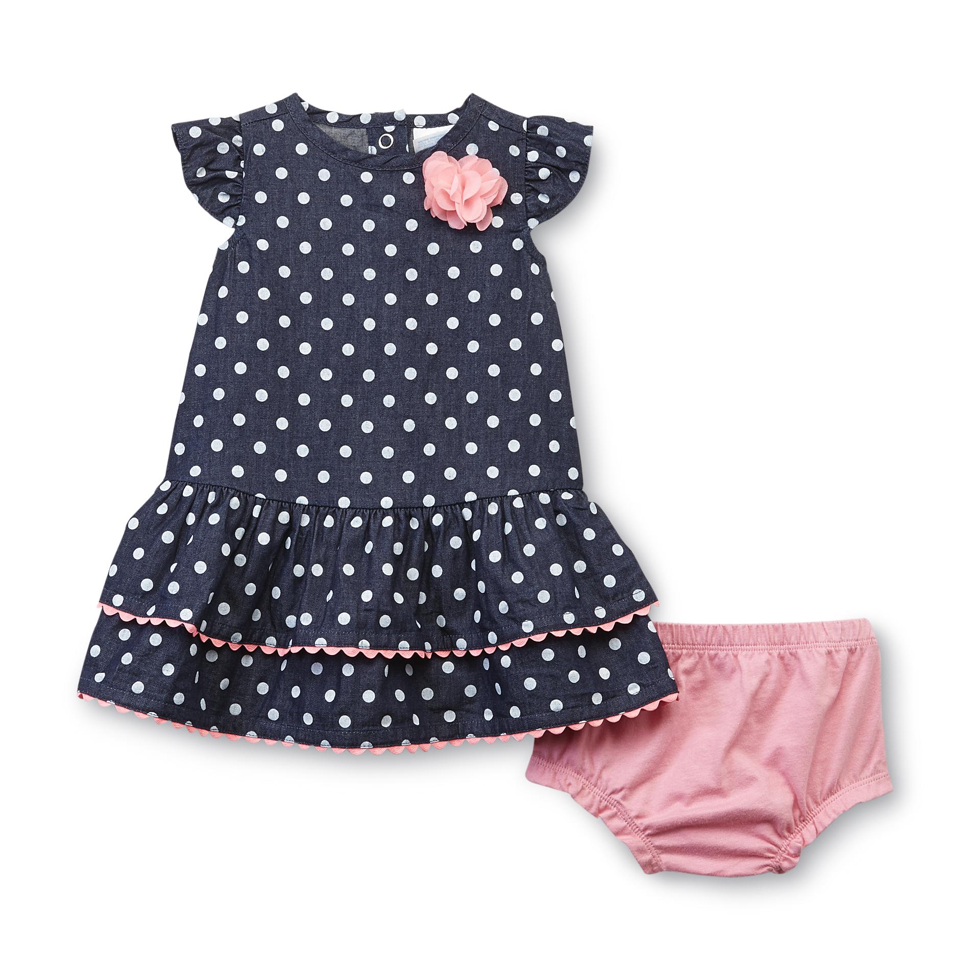 Small Wonders Newborn Girl's Chambray Dress & Diaper Cover - Polka Dot