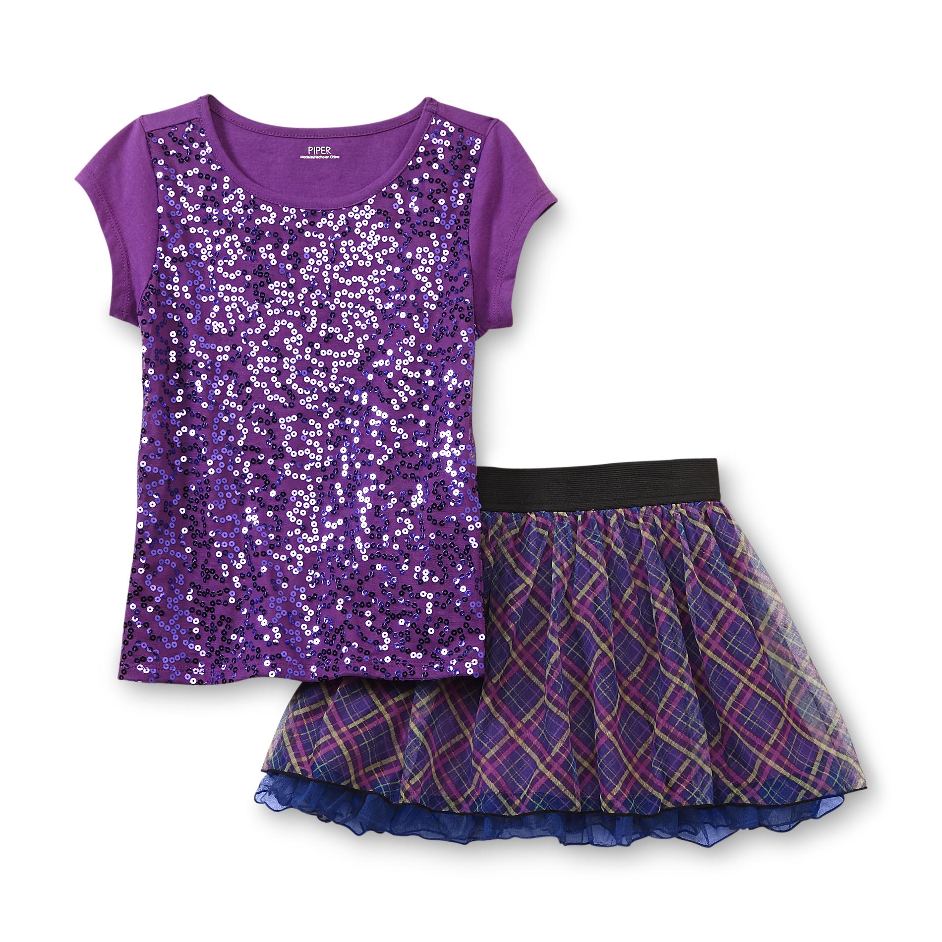 Piper Girl's Embellished T-Shirt & Scooter Skirt - Plaid