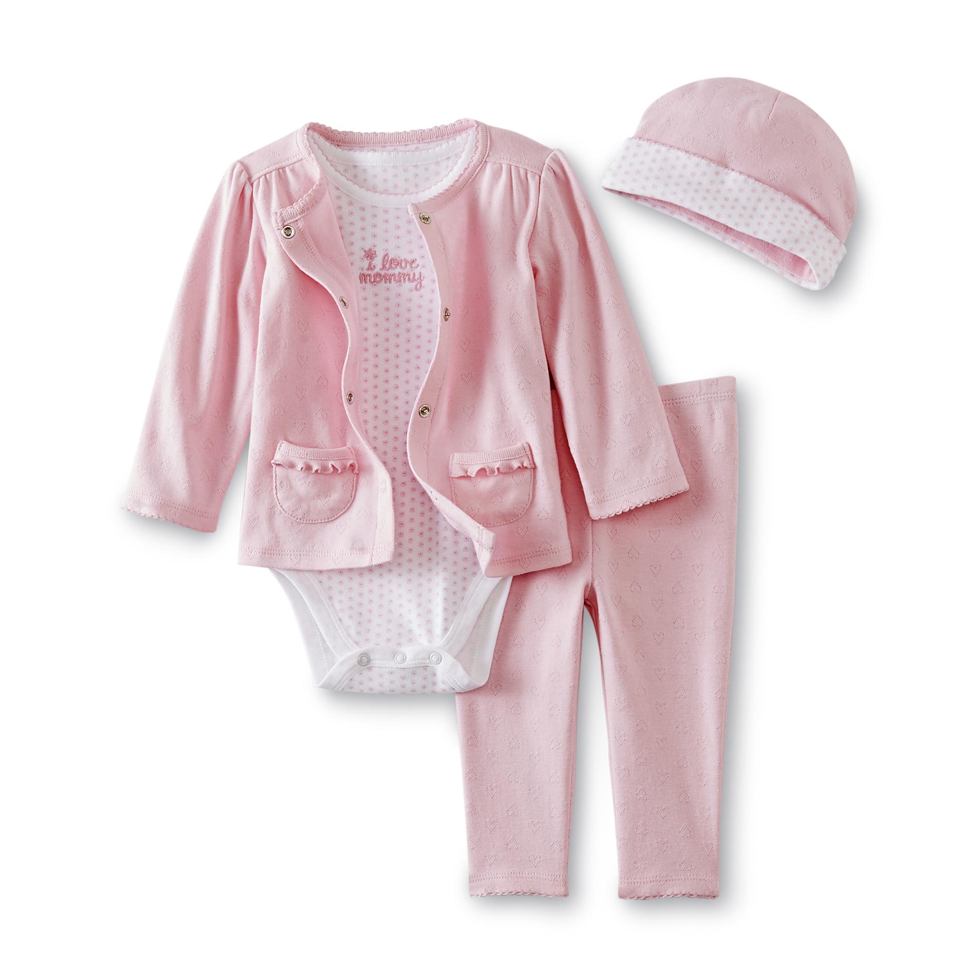 Small Wonders Newborn Girl's Jacket  Bodysuit  Pants & Hat - Hearts & Floral