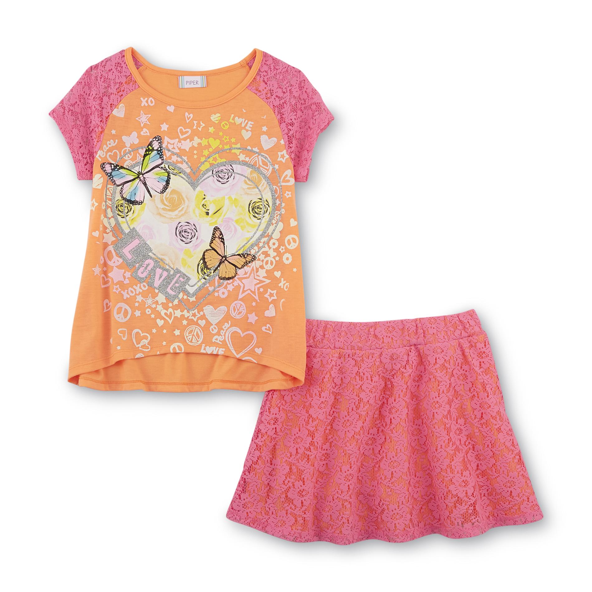 Piper Girl's Neon Lace Top & Scooter Skirt - Love