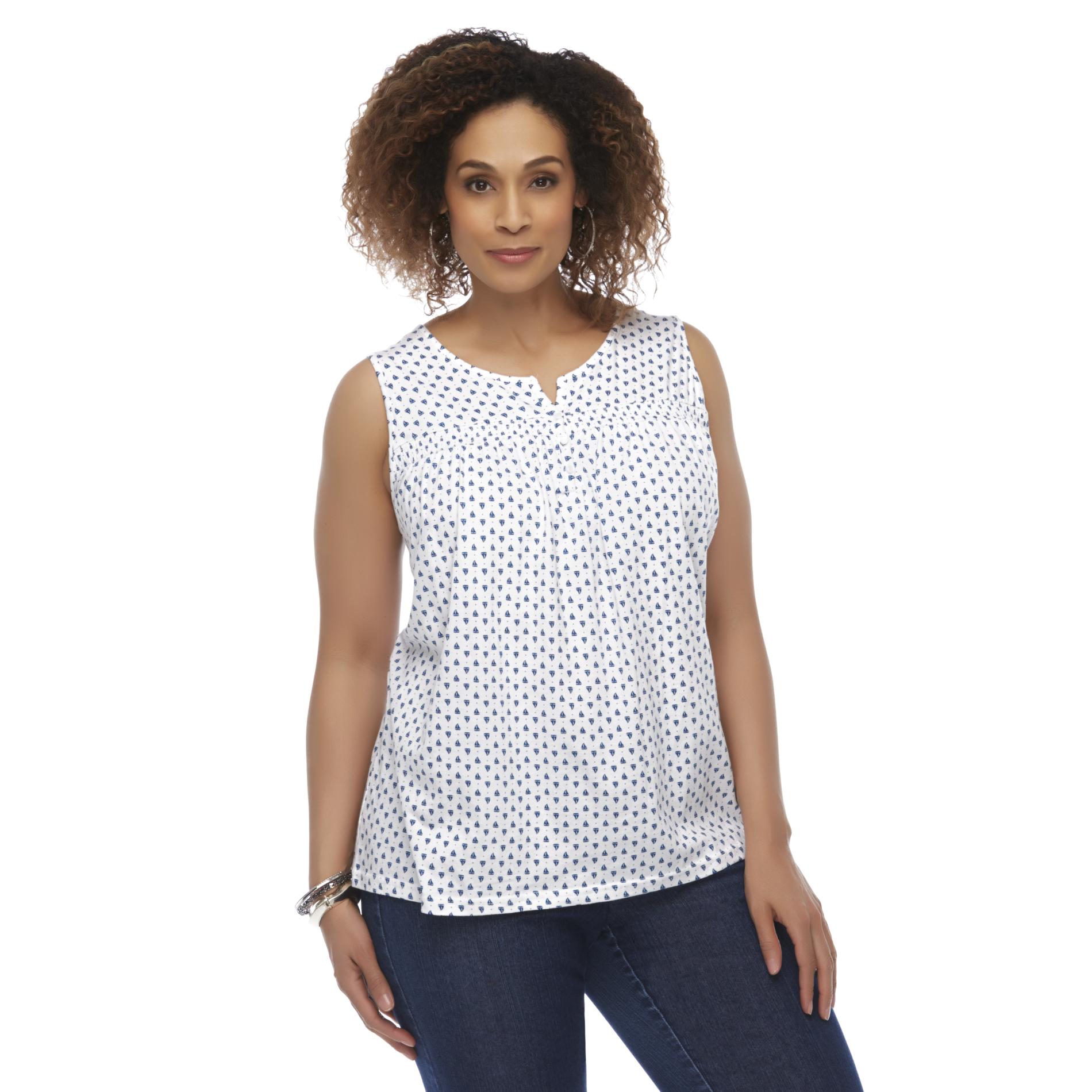 Basic Editions Women's Plus Smocked Tank Top - Sailboats