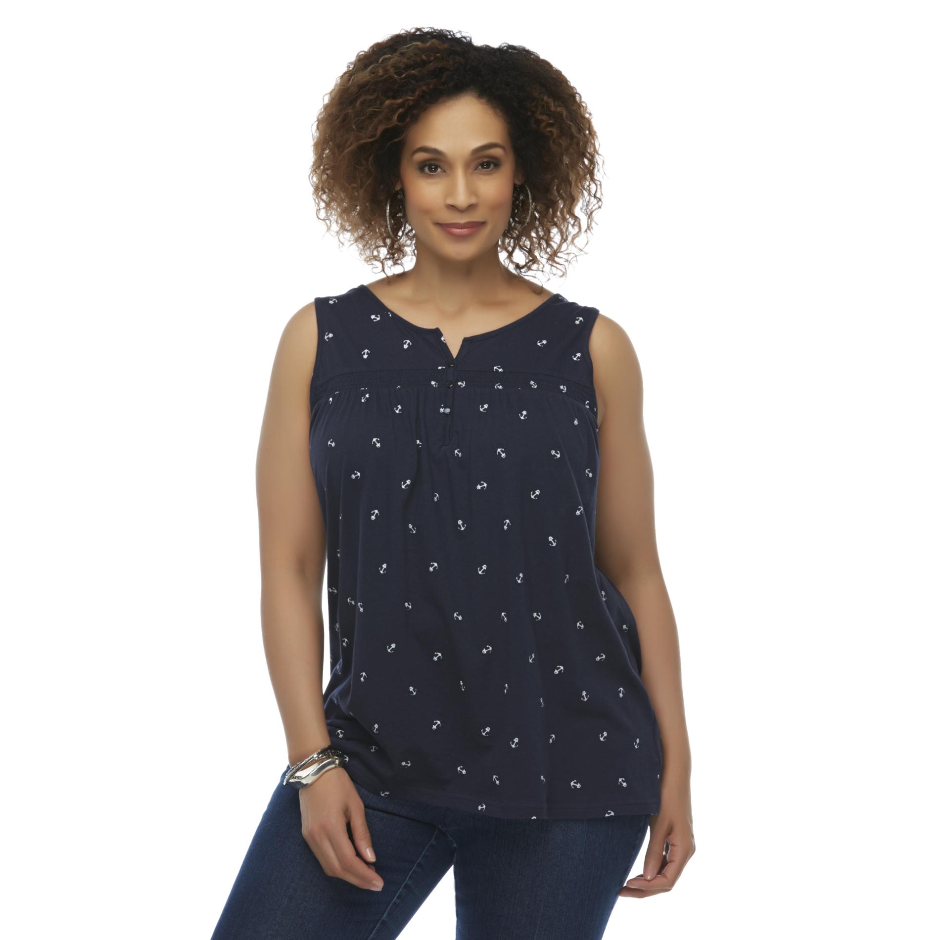 Basic Editions Women's Plus Smocked Tank Top - Anchors