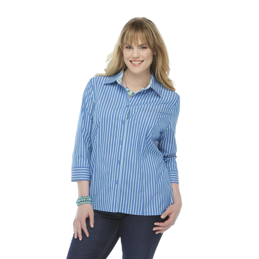 Basic Editions Women's Plus Easy Care Woven Blouse - Striped