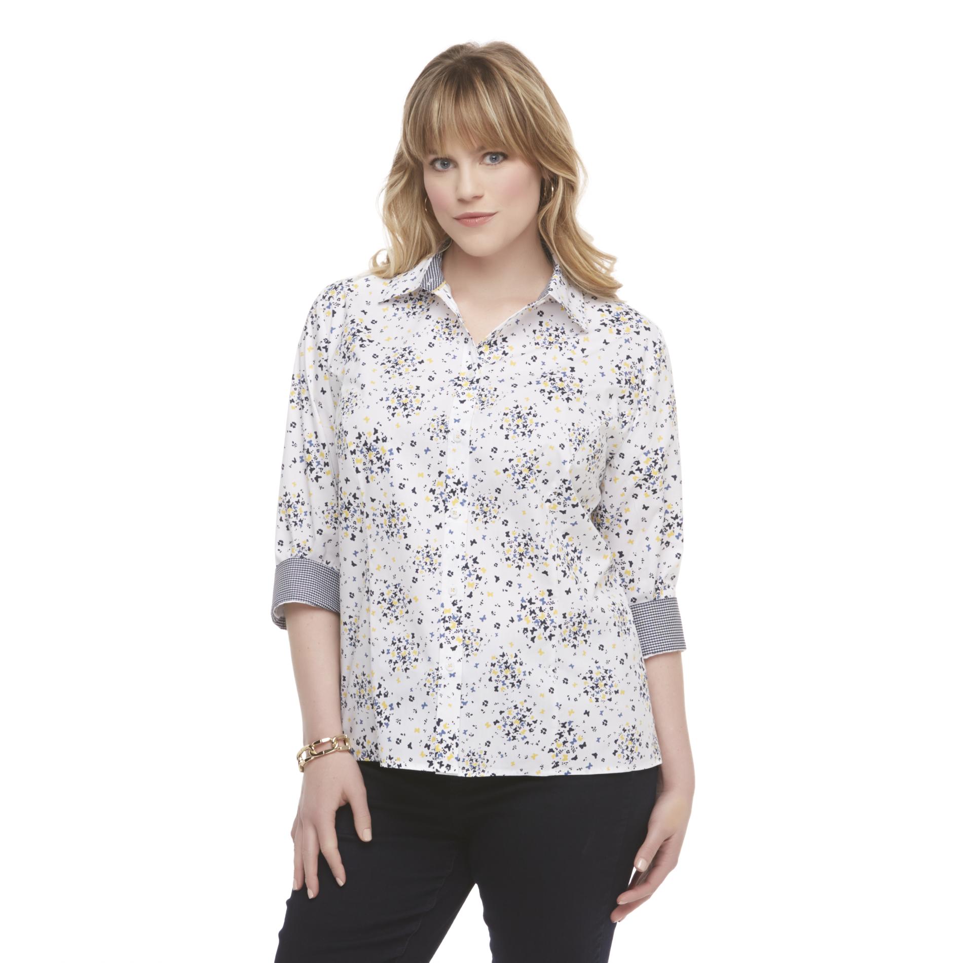 Basic Editions Women's Plus Easy Care Woven Blouse - Butterflies