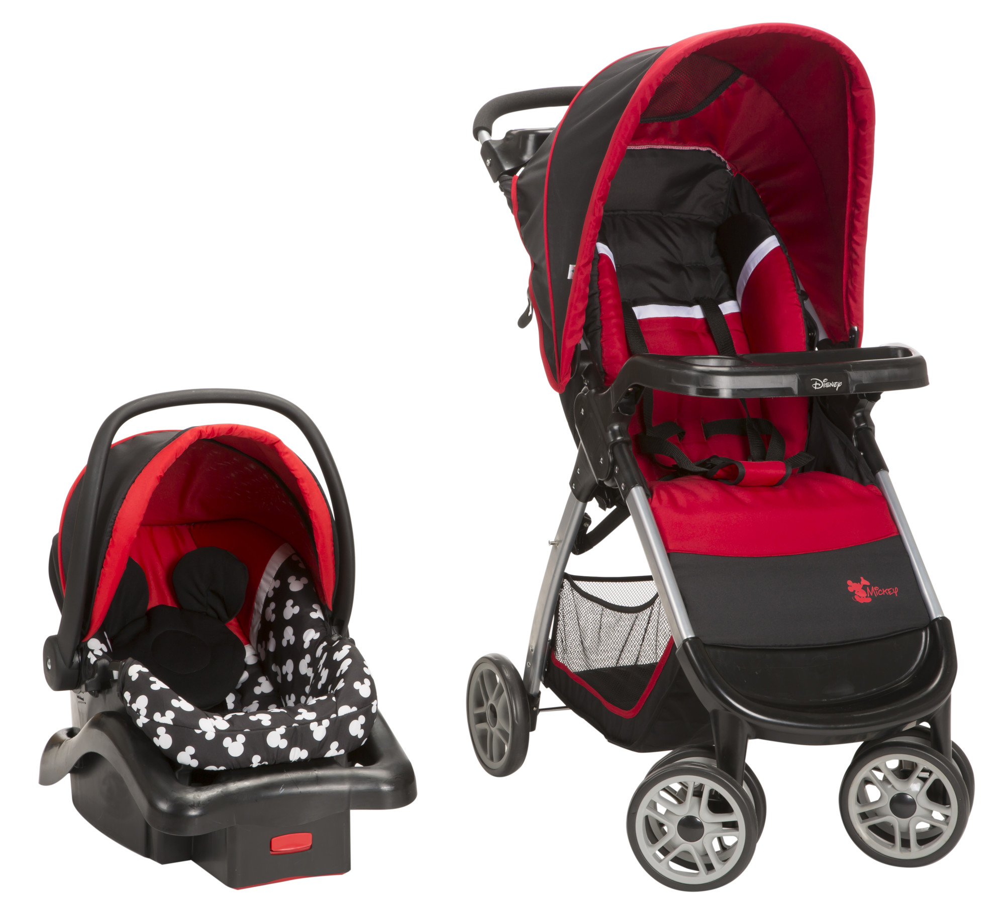 red and black car seat stroller combo