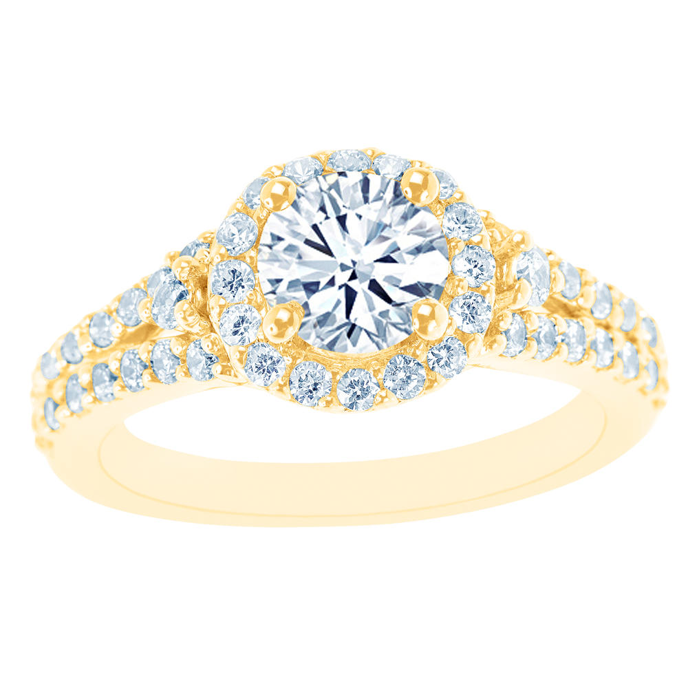 New York City Diamond District 14K Yellow Gold Accented Split Shank Certified Diamond Halo Engagement Ring