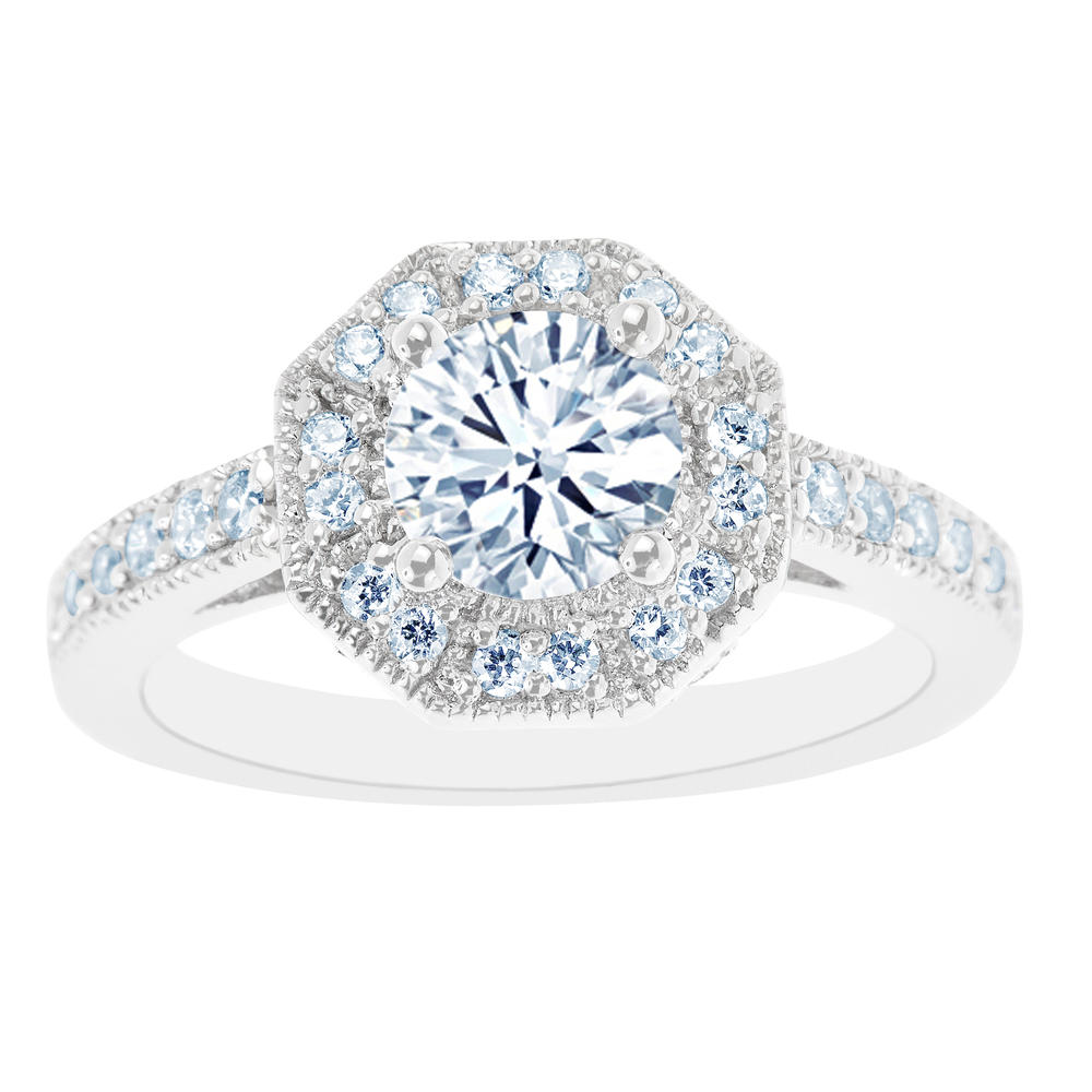 New York City Diamond District 14K White Gold Milgrain and Eight Sided Certified Diamond Halo Engagement Ring