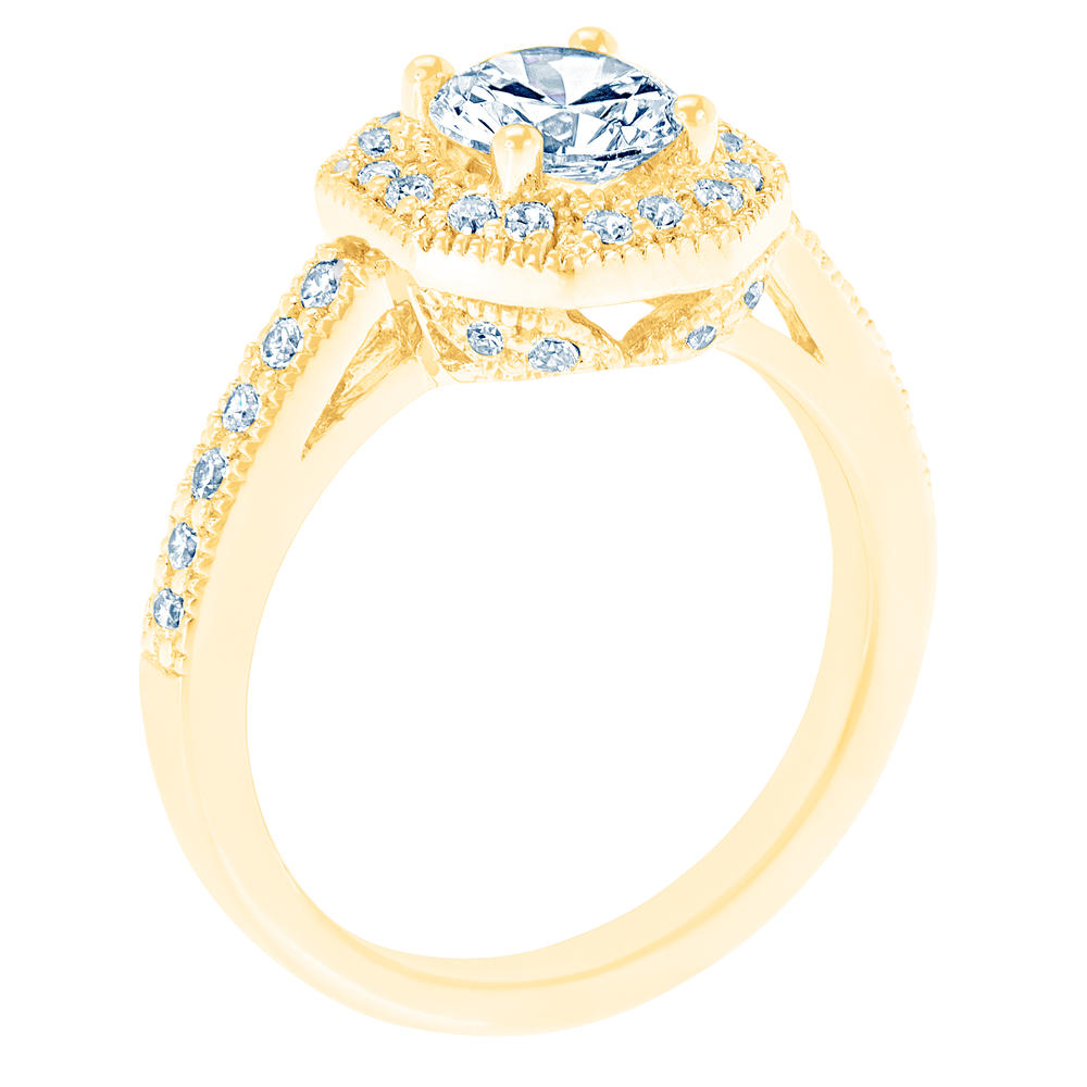 New York City Diamond District 14K Yellow Gold Milgrain and Eight Sided Certified Diamond Halo Engagement Ring