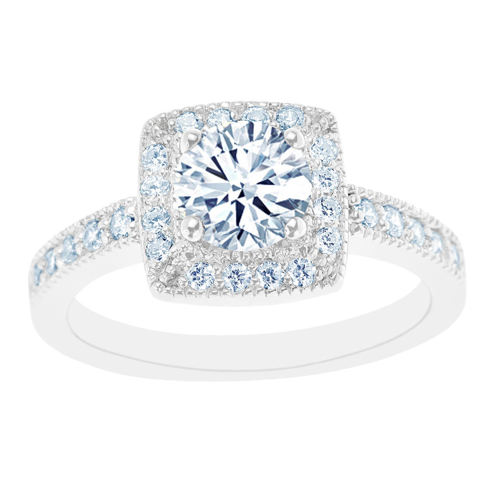 New York City Diamond District 14K White Gold Milgrain and Square Certified Diamond Halo Engagement Ring