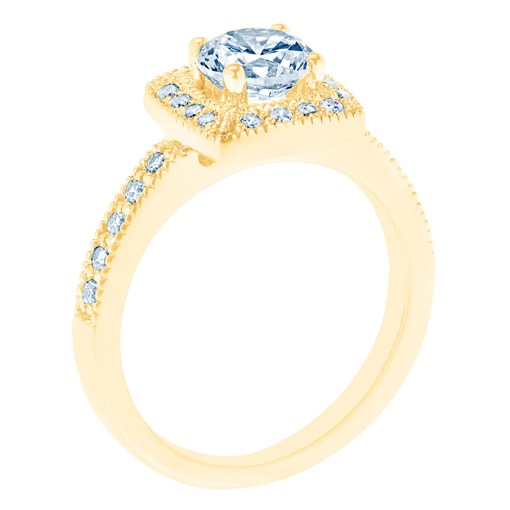 New York City Diamond District 14K Yellow Gold Milgrain and Square Certified Diamond Halo Engagement Ring