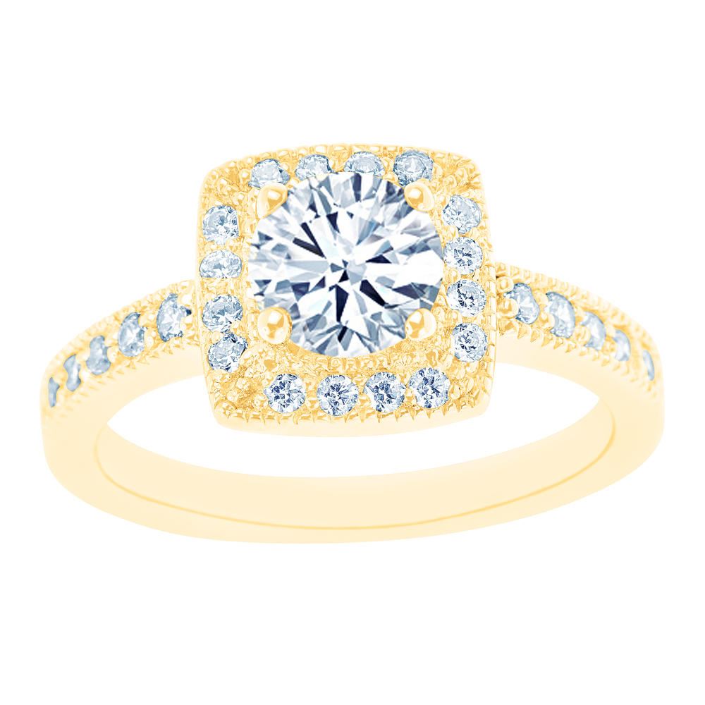 New York City Diamond District 14K Yellow Gold Milgrain and Square Certified Diamond Halo Engagement Ring
