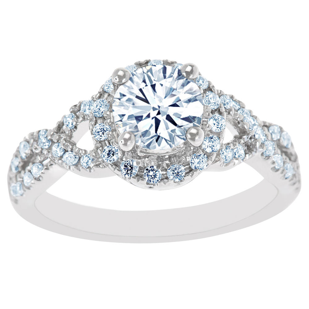 New York City Diamond District 14K White Gold Figure Eight Split Shank and Certified Diamond Halo Engagement Ring