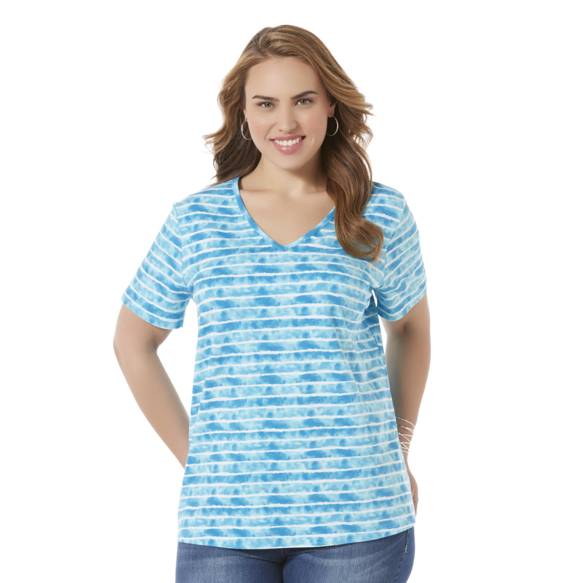 Basic Editions Women's Plus V-Neck T-Shirt - Striped Tie-Dye