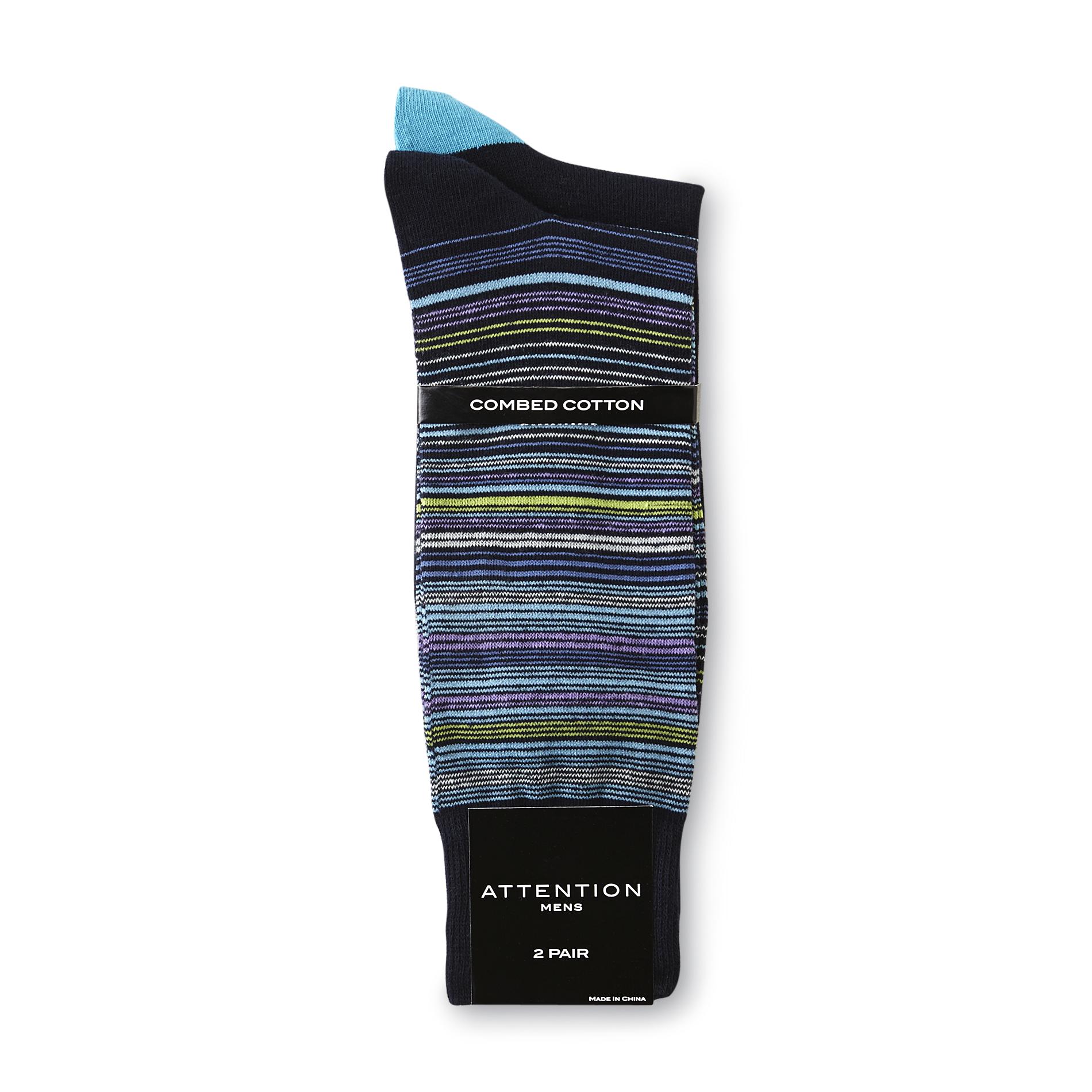 Attention Men's 2-Pairs Combed Cotton Socks - Striped/Solid