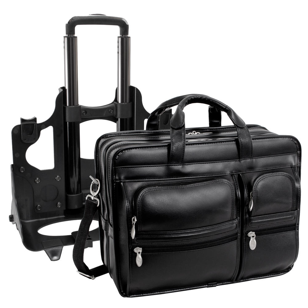 McKlein&reg; McKlein P Series, CLINTON, Full Grain Cowhide Leather, Patented Detachable -Wheeled Laptop Briefcase, Black (88445)
