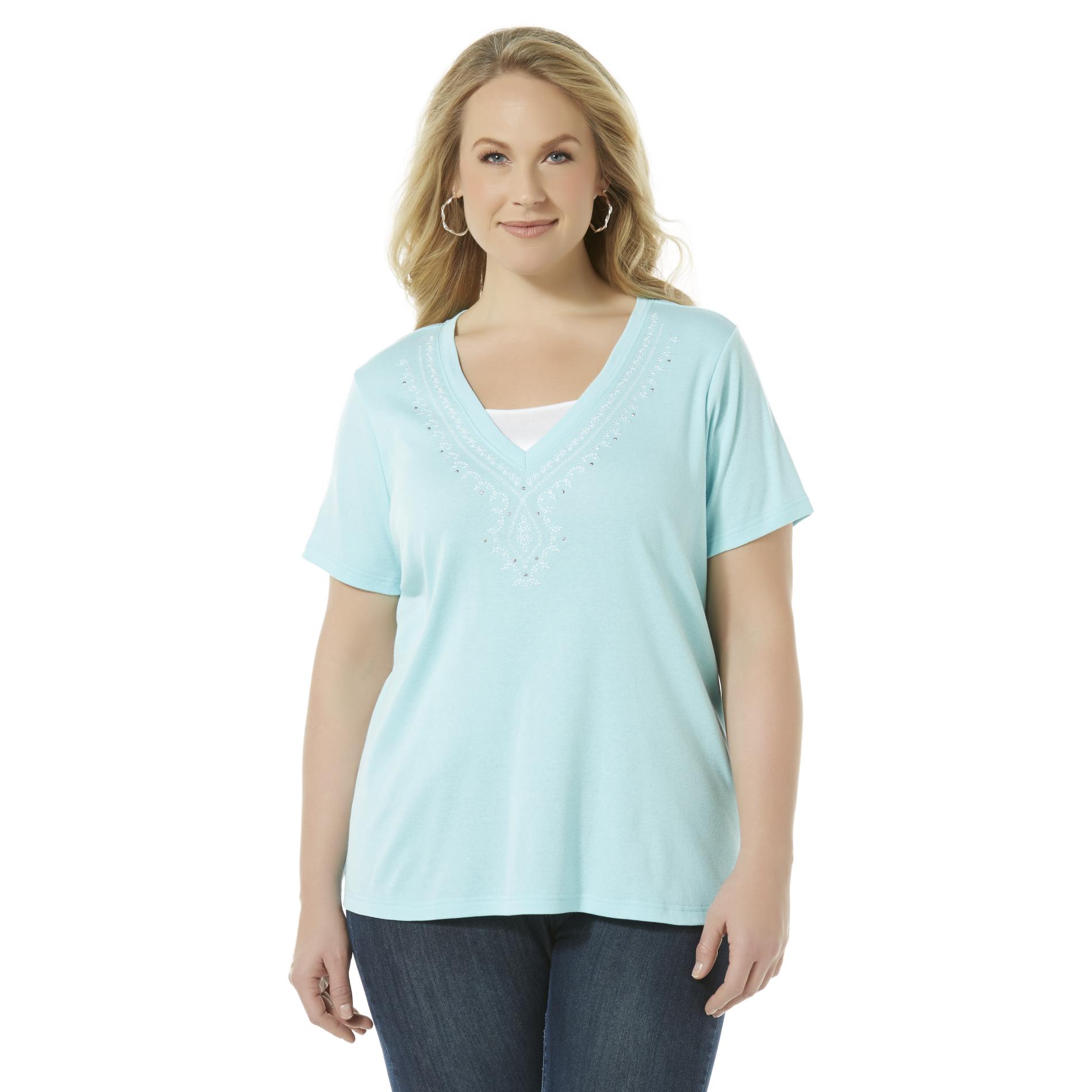 Basic Editions Women's Plus Embroidered T-Shirt