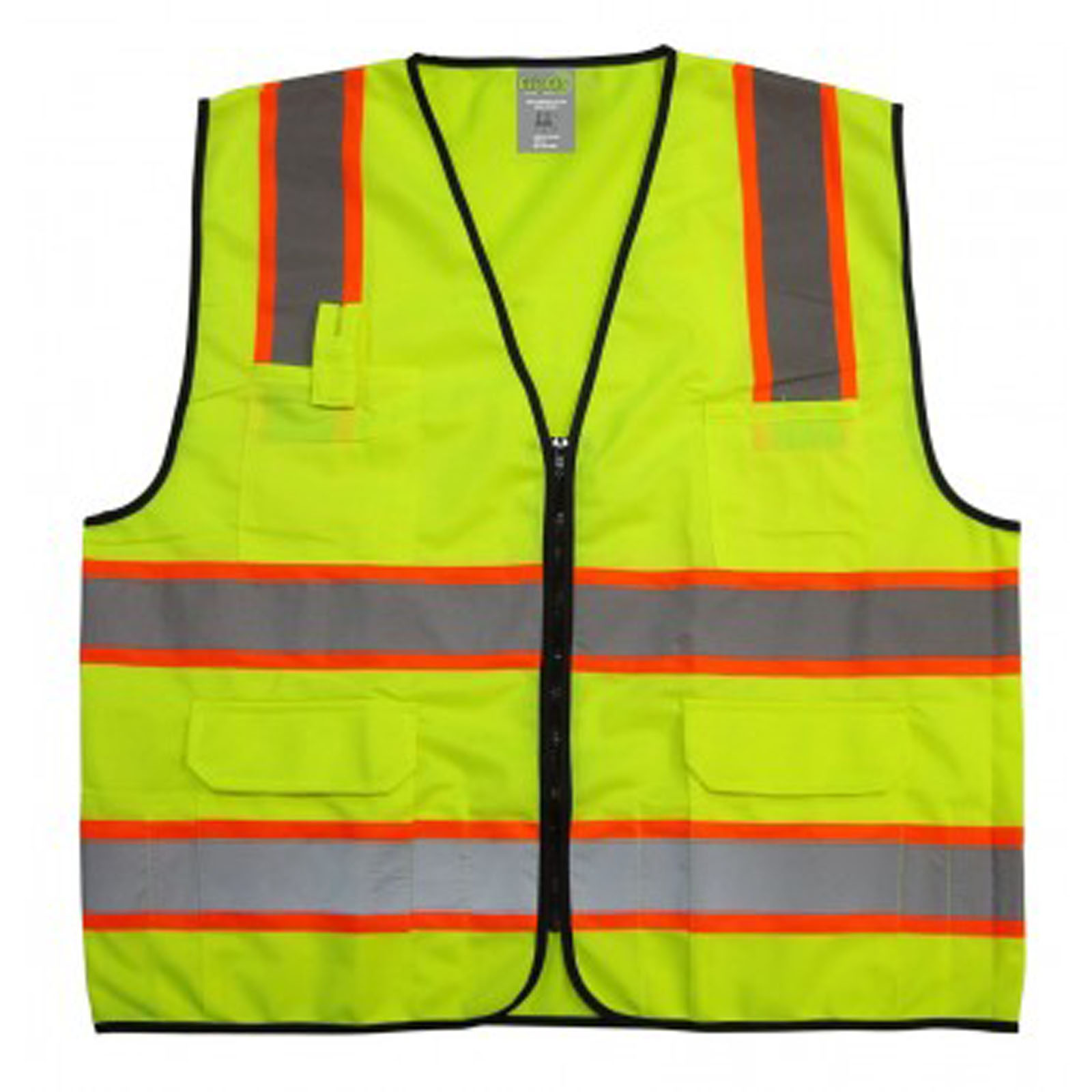 GripGlo TLS-432 High Visibility Neon Lime 6 Pocket Zipper Front Safety Vest With Two-Tone Reflective Strips/Meets ANSI 107-2010/Class 2