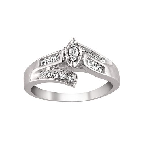 10K White Gold 1/4ct tw Marquise with Round And Baguette Diamonds Bypass Engagement Ring