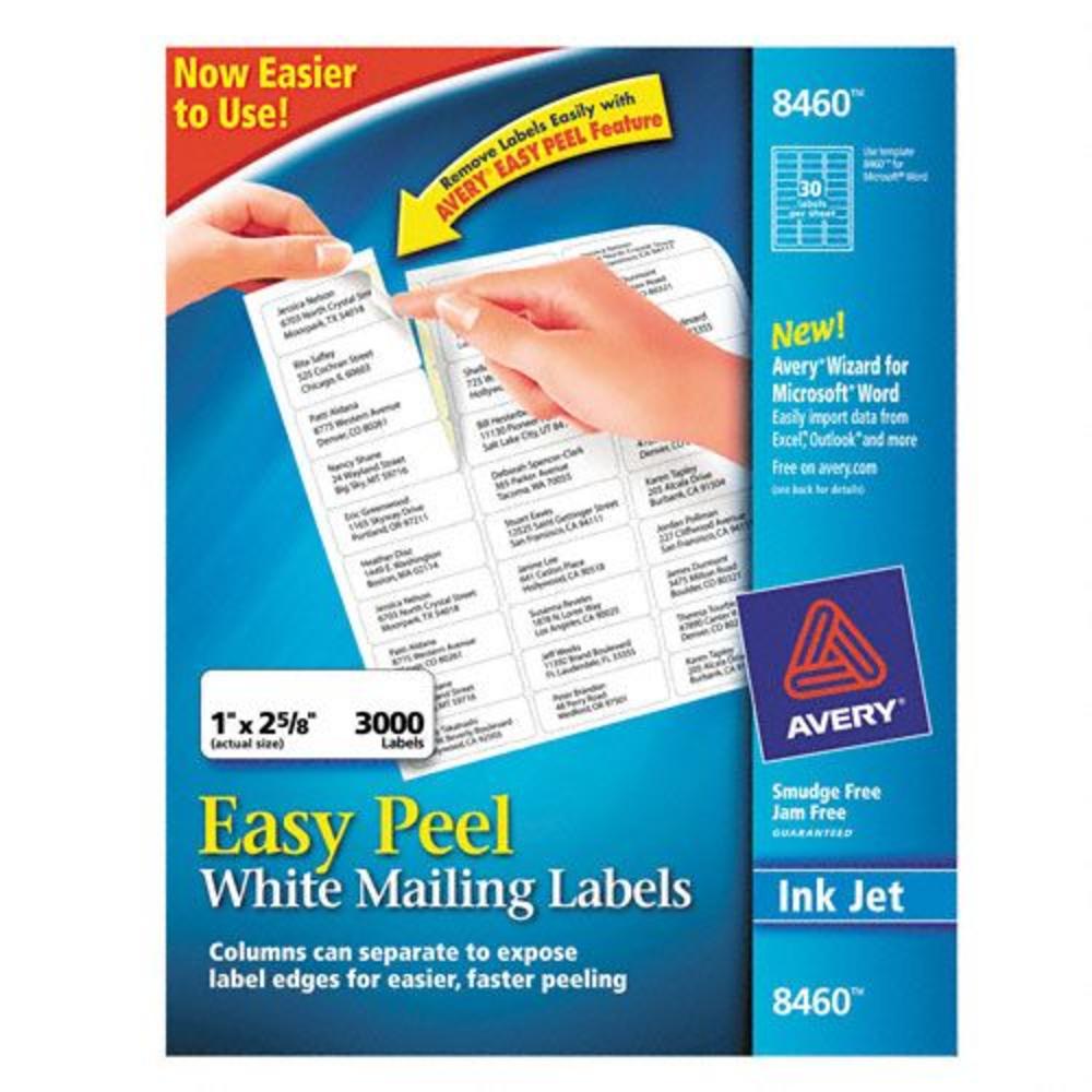 Avery AVE8460 Ink Jet Mailing Labels, 1 x 2-5/8, White, 3000/Box