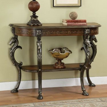 L Powell Masterpiece Floral Demilune Console Table with Horse head, Hoofed-foot Cast Legs & Display Shelf