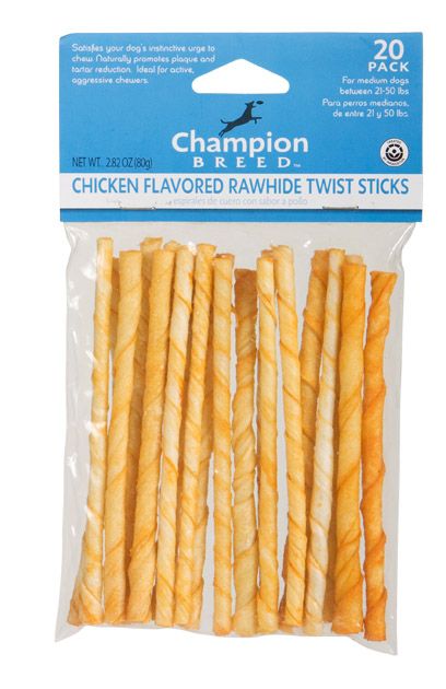 Champion Breed Chicken Flavored Rawhide Twist Sticks 20-Pack