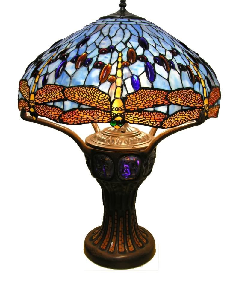 Warehouse of Tiffany Tiffany Style Blue Dragonfly Table Lamp with lighted turtleback base