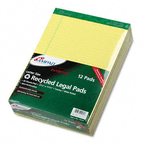 Ampad TOP20270 Recycled Writing Pads  8 1/2 x 11 3/4  Canary  50 Sheets  Perfed  Dozen
