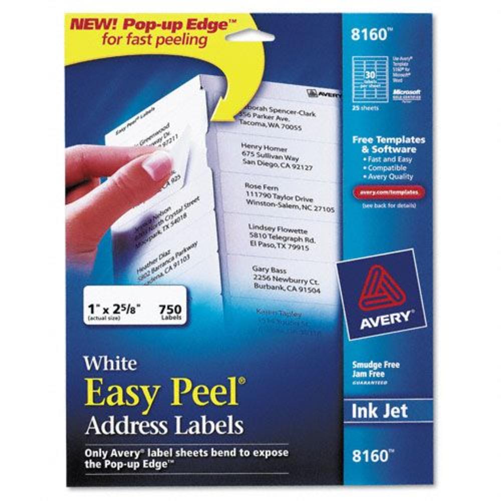 Avery AVE8160 Ink Jet Mailing Labels, 1 x 2-5/8, White, 750/Pack