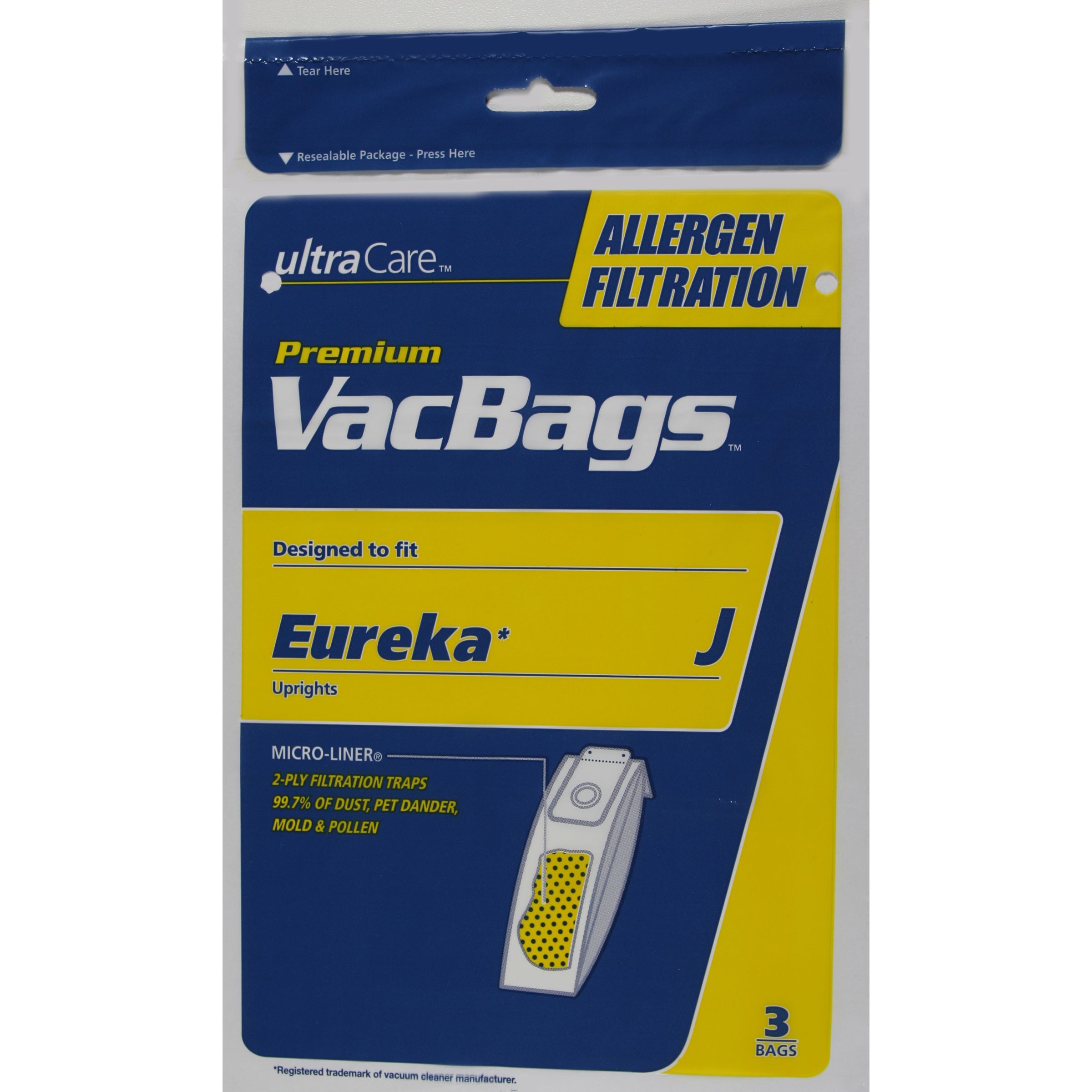 UltraCare 609471 Style J Allergen Filtration Vacuum Bags for Eureka Upright Vacuums 3 pk