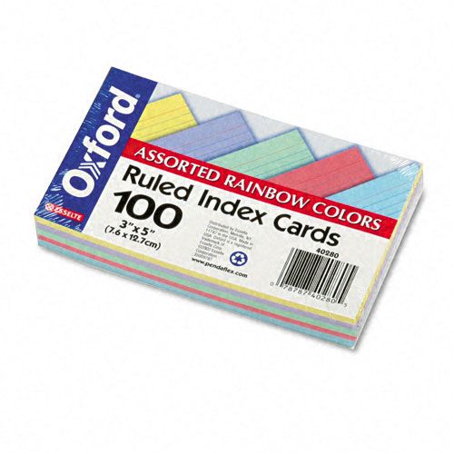 Oxford oxf40280 Ruled 3 x 5 Index Cards, Assorted Colors, 100/Pk