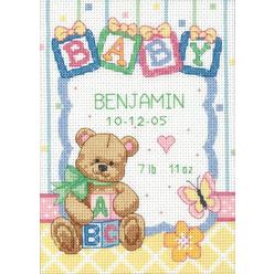 DIMENSIONS Counted Cross Stitch Kit, Baby Blocks and Teddy Bear Birth Record Personalized Baby Gift, 14 Count White Aida, 5"
