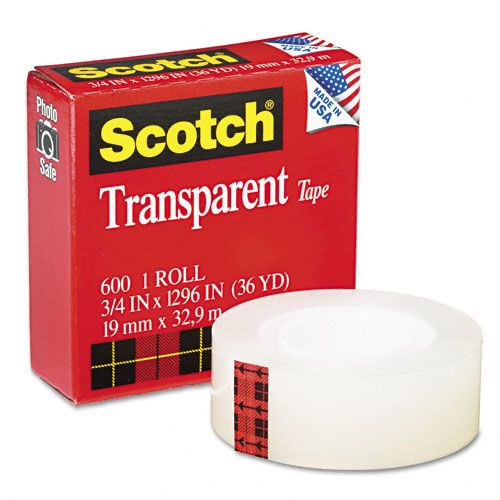 Scotch MMM600341296 Transparent Glossy Tape, 3/4"x36 Yards, 1" Core,