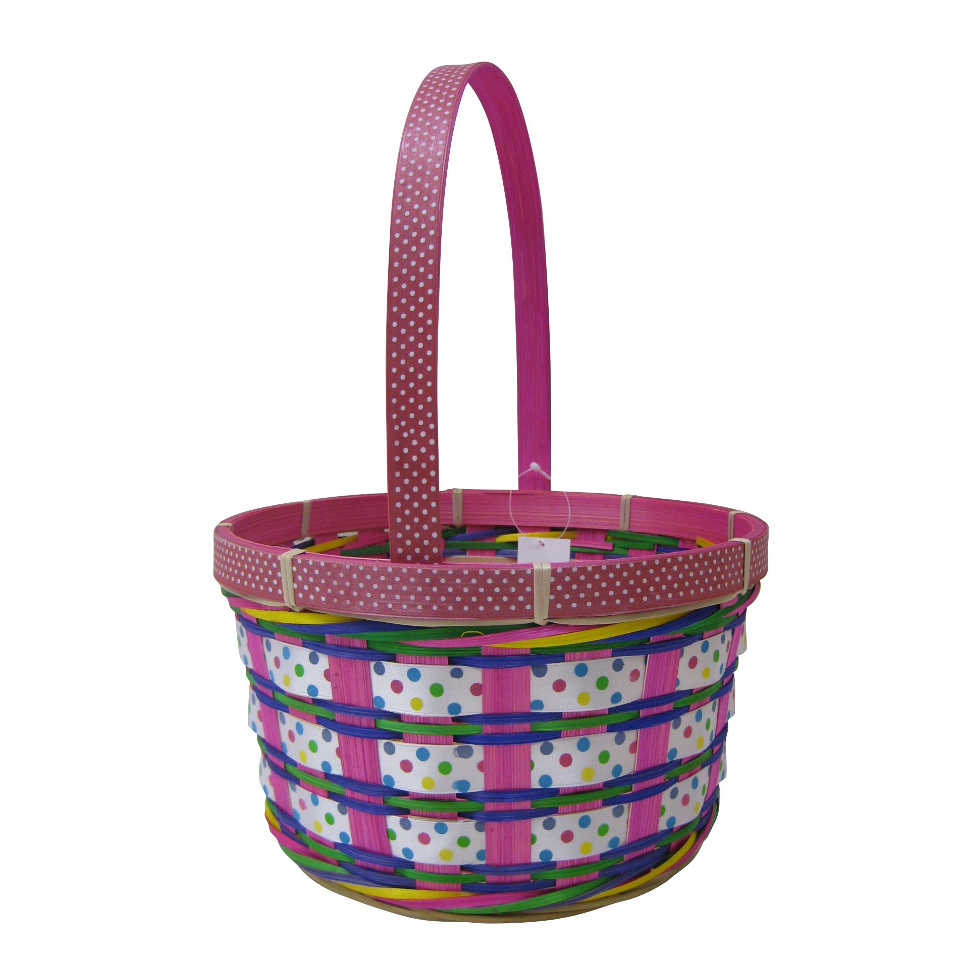 Easter Jubilee Round Bamboo Basket With Polka Dot Ribbons - Medium