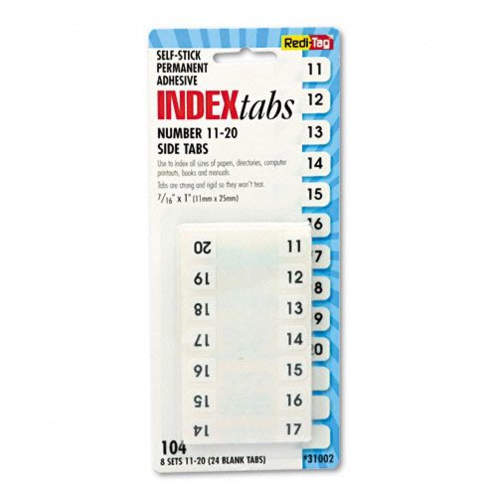 Redi-Tag RTG31002 Plastic Index Tabs, #11-20, Self-Stick 1in, White