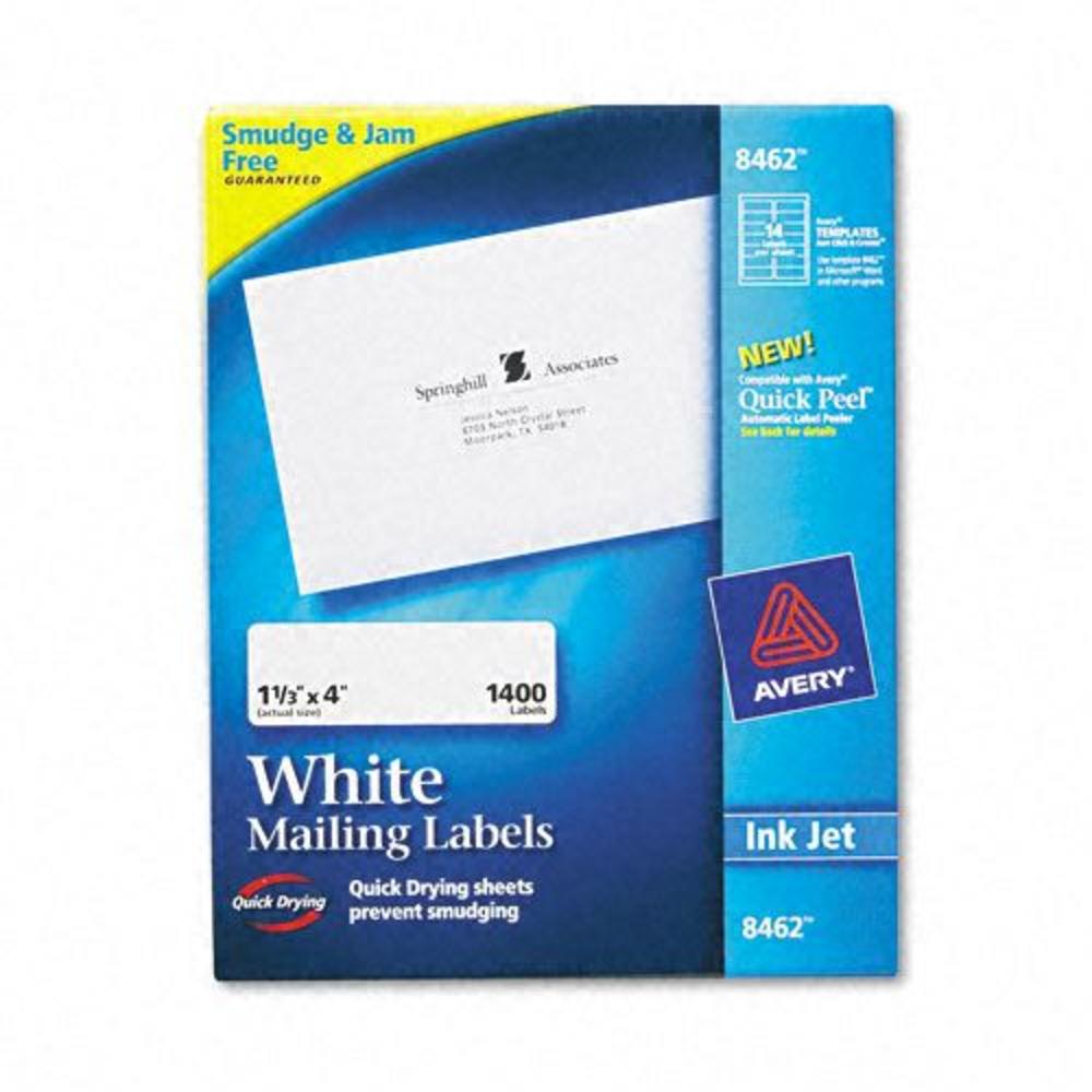 Avery AVE8462 Ink Jet Mailing Labels, 1-1/3 x 4, White, 1,400/Bx