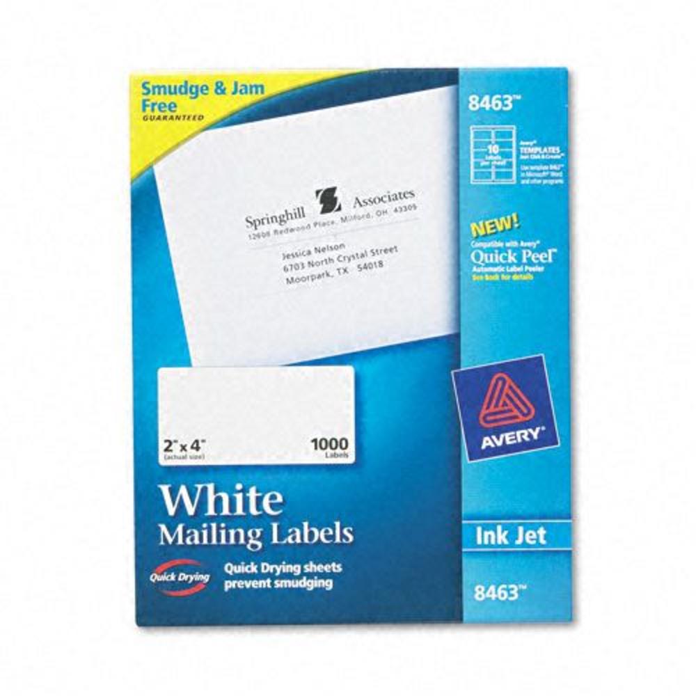 Avery AVE8463 White Ink Jet Mailing Labels, 2 x 4, 1000/Box