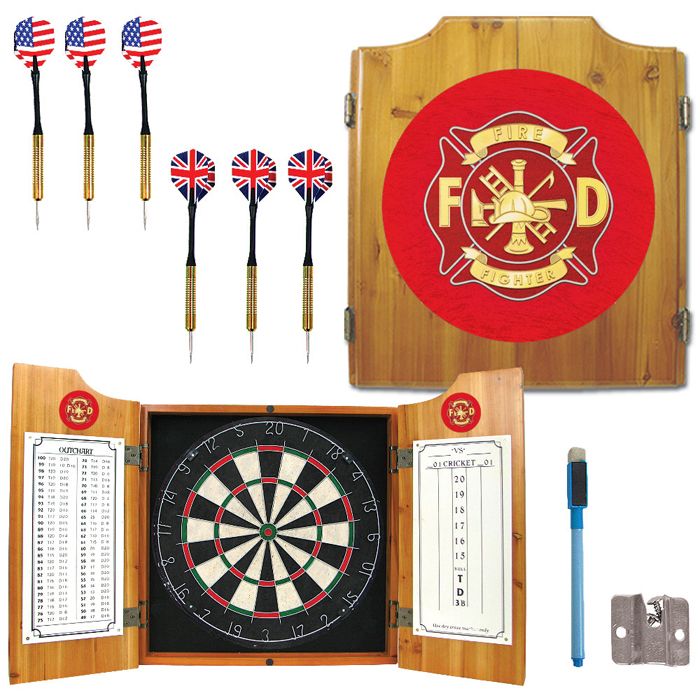 Trademark Fire Fighter Dart Cabinet Includes Darts and Board
