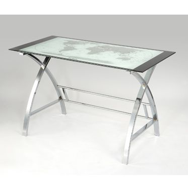 L Powell World Map Printing Curved X-Sided Computer Desk, Silver L Powell World Map Printing Curved X-Sided Computer Desk, Silver